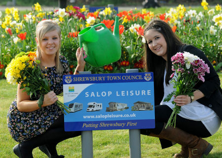 Kirsty Taylor and Aisling Kaura are pictured watering flowers on the Weeping Cross traffic island, which is sponsored by Salop Leisure. Kirsty Taylor and Aisling Kaura are pictured watering flowers on the Weeping Cross traffic island, which is sponsored by Salop Leisure.