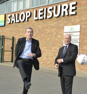 Kick off! Salop Leisure’s chairman Tony Bywater (left) and Greenhous Group’s director and general manager Dave Sullivan prepare for the challenge football match.