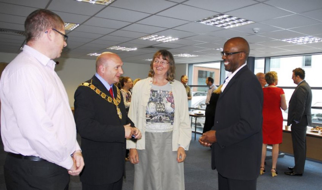 The Mayor of Shrewsbury talks business with Ben Coates, Vice Chairman for the Shropshire branch of the FSB, Barbara Rainford, Secretary FSB Shropshire, and Mark Gibson of Image Match.