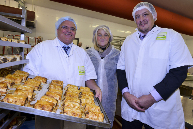 Ivan Watkiss of Coopers Gourmet Sausage Rolls, Shrewsbury, supplies Selfridges with his uniquely flavoured products, Pictured with Nicky Griffiths from UKTI and Shropshire Councillor Steve Charmley.