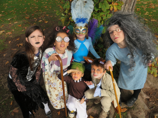 Astrid Catley (aged nine), as a witch, Georgia Chakraverty (nine), as Mrs Twit, Issy Harpin (eight), as a bird, Austin Hancox (seven), as an Oompa Loompa, Giles Berry (eight), as Fantastic Mr Fox and Matthew Harris (eight), as Mrs Twit.