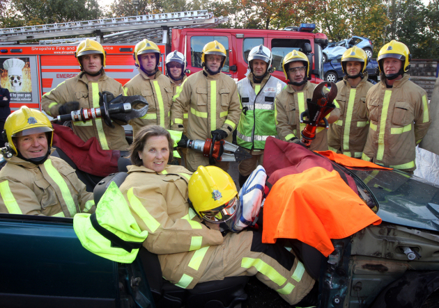 In the “hot seat” is Shropshire’s High Sheriff Diana Flint after being cut free from a car by firefighters from Shrewsbury’s White Watch.