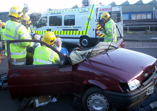A mock car rescue in action.