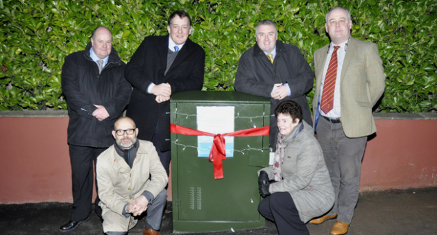 Present at the switch on was Rob Jones, Senior Project Manager, BT, Steve Charmley, Shropshire Council Cabinet member for broadband, Steve Henderson, BT’s General Manger for the West Midlands, David Roberts, Shropshire Councillor for the Loton Ward. Front: Chris Taylor, Connecting Shropshire Programme Manager and Tricia Jones, Montford Parish Councillor.