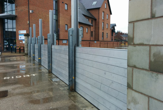 An archive image of the flood barriers in place at Frankwell Shrewsbury