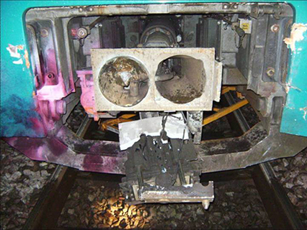 An image of the trolley underneath the damaged train. Photo: Network Rail.