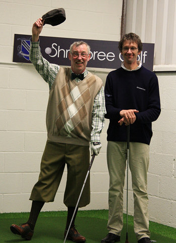 Colin Young, of BBC Radio Shropshire, shows off his 1950s golf outfit with Tim Shrosbree, of Shrosbree Indoor Golf and Performance Centre.