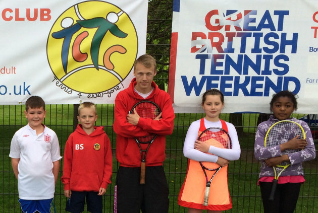 Looking forward to the Great British Tennis Weekend at Telford Community Tennis Club are, from left, Freddie Freeston, Ben Stevens, club coach Joe Hollis, Grace Seymour and Anawe Ayang.