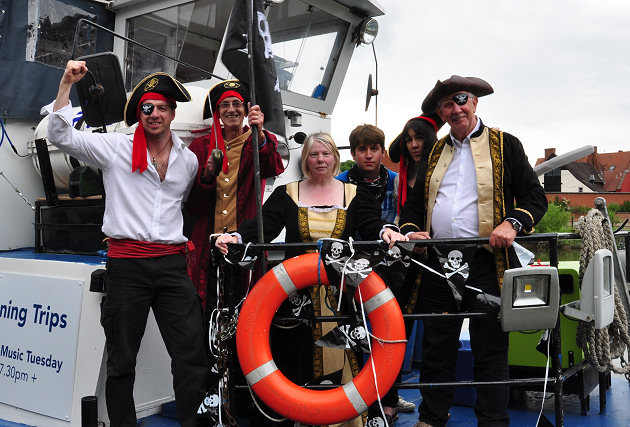 Ahoy me hearties! Some of the Shrewsbury River Festival organisers – Dilwyn Jones, Tony Durnell, Jane Price, Jamie Burgoyne, Karen Burgoyne and Clive Talbot – all dressed up and ready for some swashbuckling action aboard the Sabrina boat, one of this Sunday’s attractions.