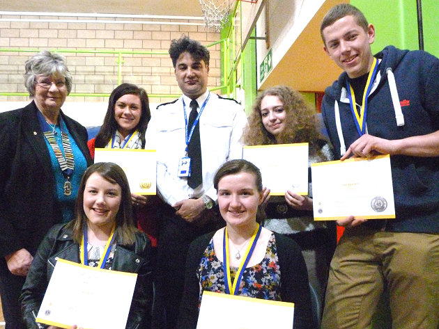 Lions President June Softley, Abbigail Jones, Superintendent Nav Malik, Nikita Homer, Jake Garbett, Nicola Emery and Angela Kelly.