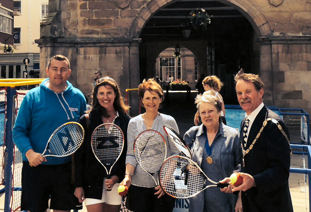 Enjoying Tennis in the Square are, from left: Nigel Hunter, director of tennis at The Shrewsbury Club, Gill Jones and Sandie O'Brien from Shrewsbury Lawn Tennis Club, deputy mayoress Aurona Kenny and Councillor Miles Kenny, deputy mayor of Shrewsbury.