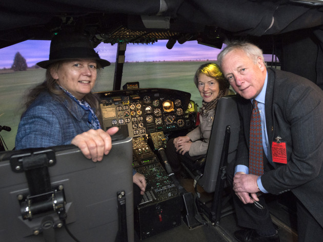 Cllr Baker, Mrs Sellars, Mr Bland in a Bell 412 Simulator at Cobham Aviation, RAF Shawbury