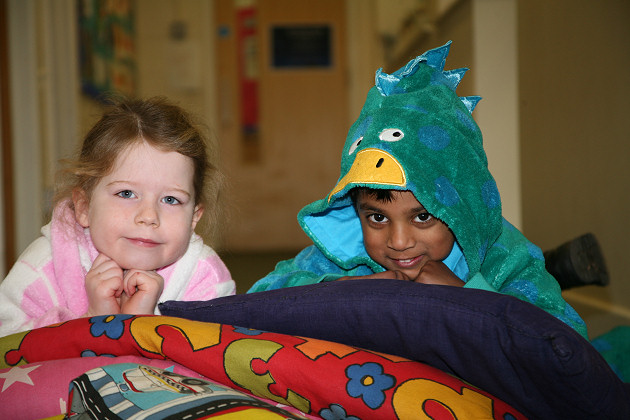 Prestfelde pupils Alice Jutsum and Suneet Amarnath preparing for the story telling event