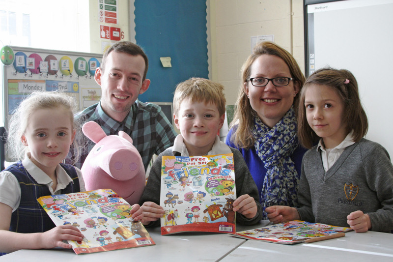 Prestfelde pupils Georgina Pilkington, Charlie Evans and Adela Home with Baz Edwards and Becky Mitchell from Peppa Pig publishers