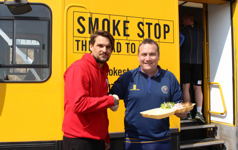 Ryan King from Smoke Stop. The road to BBQ, with Shrewsbury Town manager Micky Mellon at the Greenhous Meadow