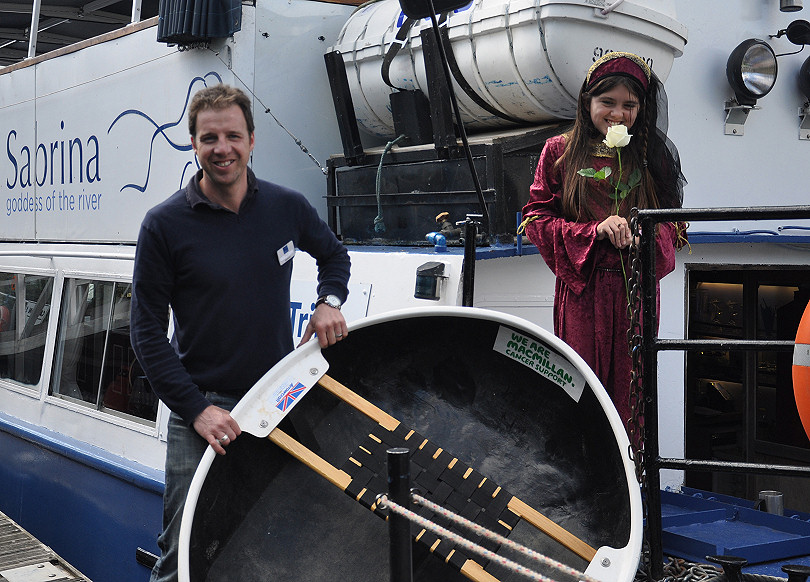 Shrewsbury River Festival organiser and Sabrina Boat owner Dilwyn Jones launches the fancy dress competition with mediaeval princess Rosie-Lee Roberts