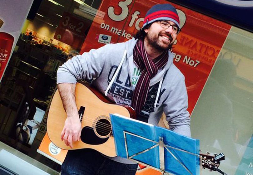 Gareth Rhys Jones performs for the Big Busk on Pride Hill