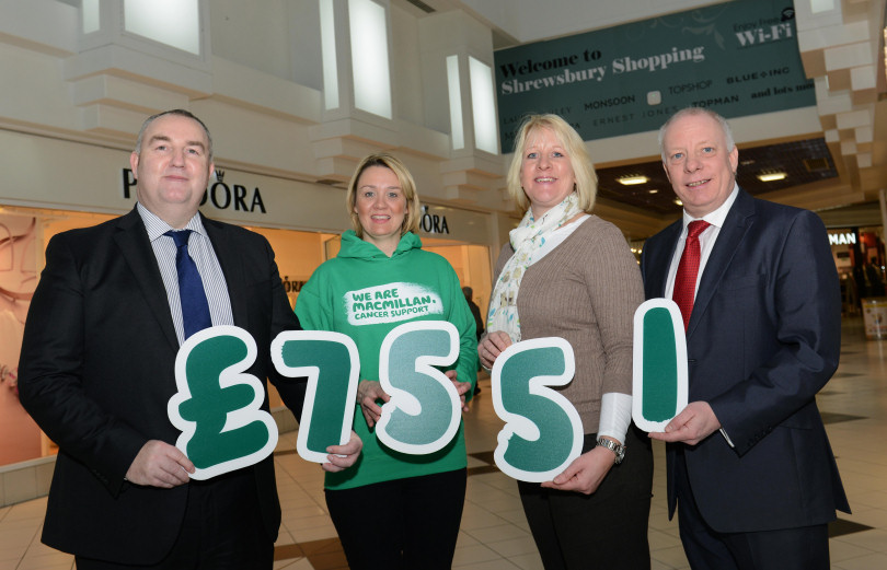 Pictured celebrating a fantastic fundraising effort are (from left) Kevin Lockwood, Centre Manager of the Darwin, Pride Hill and Riverside Shopping Centres, Julia Allinson, Helen Knight, fundraising manager for Macmillan in Shropshire and Shrewsbury Shopping Operations Manager Russell Hall