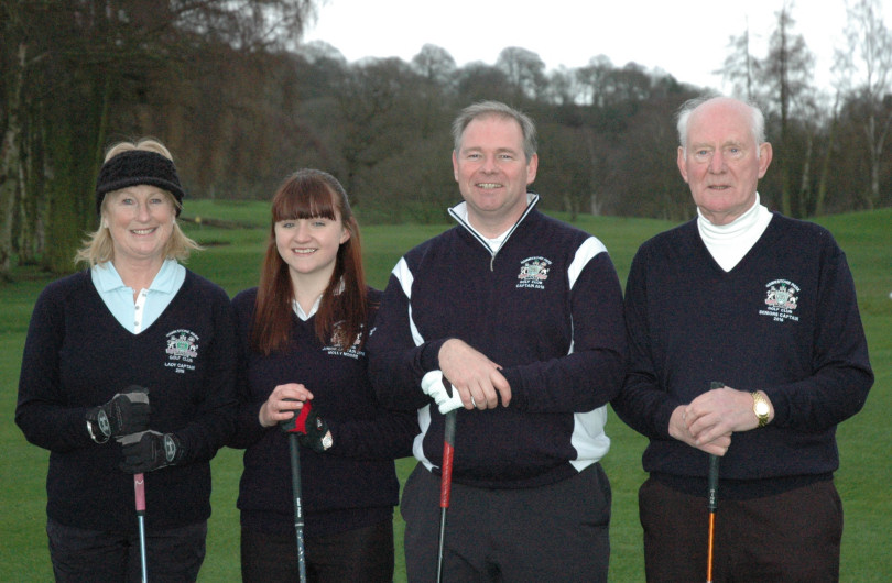 Pictured on the first tee at Hawkstone Park Golf Club are captains Julie Wales, Molly Moore, Andy Hughes and Percy Mellor