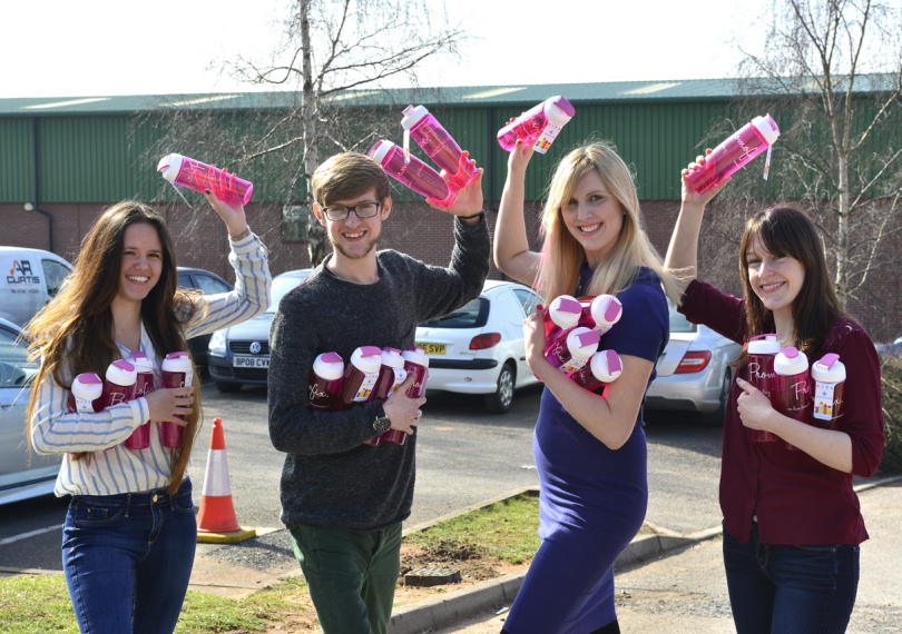 Pictured with the bottles are Promofix team members, from left, Gabby Taylor-Jones, Matt Overton, Kathryn Holloway and Chevaun Thompson