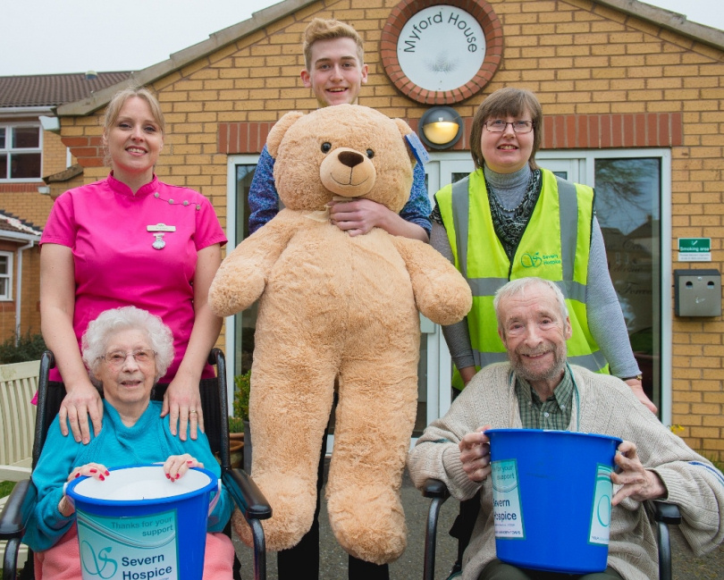 Kerry Young from Myford House with Kieran Devereux and Claire Henshaw from Severn Hospice. (front) residents Thelma Couzins and Roy Sutton