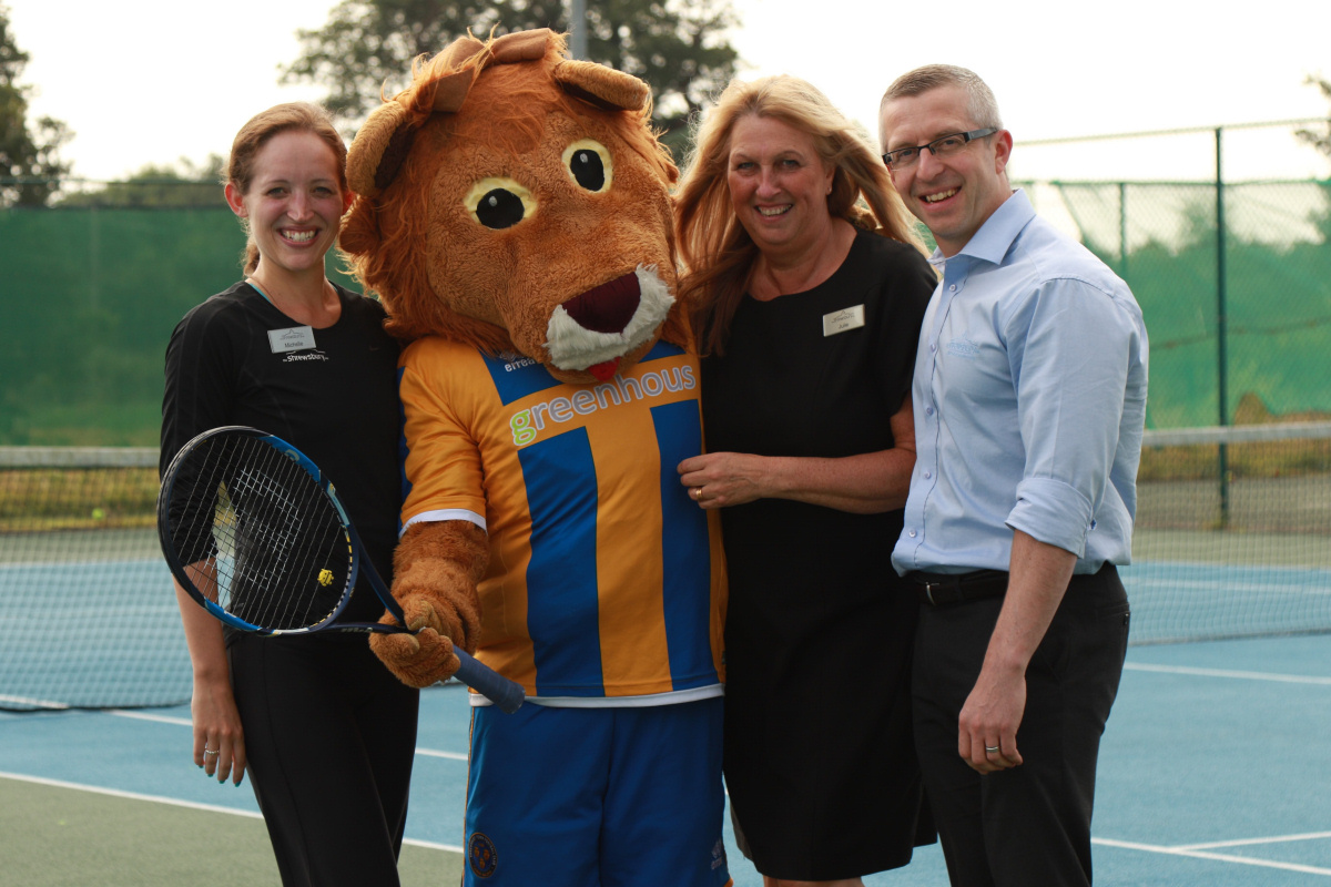 Shrewsbury Town mascot Lenny the Lion with, from left, Michelle Read, Julie Griffiths and Alvin Ward, members of the team at The Shrewsbury Club