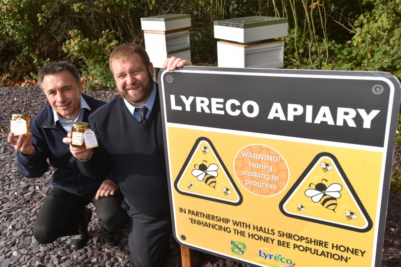 Quality, Safety and Sustainability Manager Manel Roura and Facilities Manager Jamie Mills, of Lyreco with some of the honey made by the company’s bees 