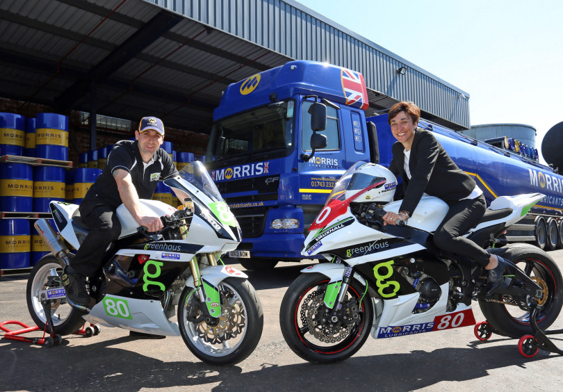 All set for the Isle of Man TT races, Barry Furber lets Gina Hinde, Morris Lubricants’ marketing manager, try out one of his bikes