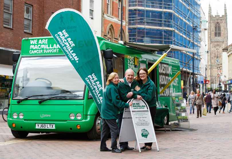 Margaret Watts (Information Specialist), Jeremy Burnam (Information Specialist) and Moray Hayman (Facilities Officer) with Betty, our Macmillan Mobile Information Bus