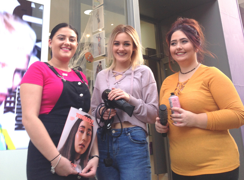 Nicole Lewis, Alisha Edmunds and Louisa Piaseckyj outside the Toni & Guy salon in Castle Street