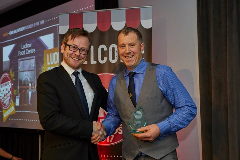 John Brereton, Ludlow Food Centre’s Butchery Manager (right) receiving the award from Aidan Fortune, Deputy Editor, Meat Trades Journal (left).