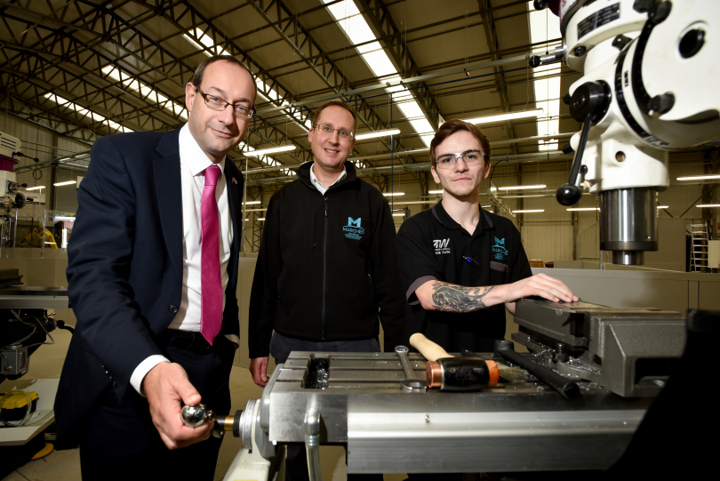 FBC Manby Bowdler Sales Director, Neil Lloyd and Matthew Snelson, Managing Director of the Marches Centre of Manufacturing & Technology with apprentice, Jack Curtis