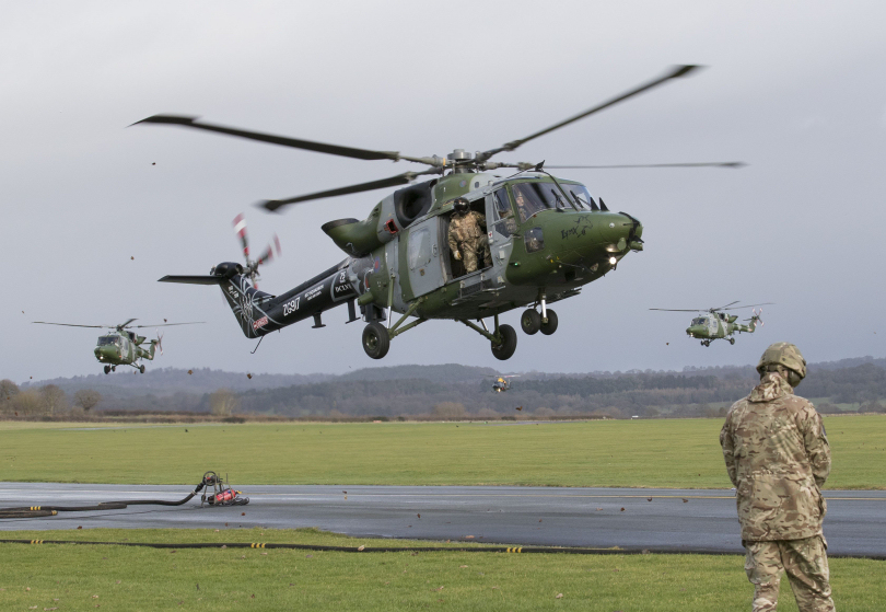 Four Lynx landing for fuel at RAF Shawbury. Photo: Ian Forshaw / RAF Shawbury