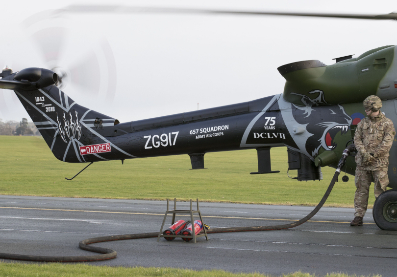 A Lynx refuelling with commemorative tail colours. Photo: Ian Forshaw / RAF Shawbury