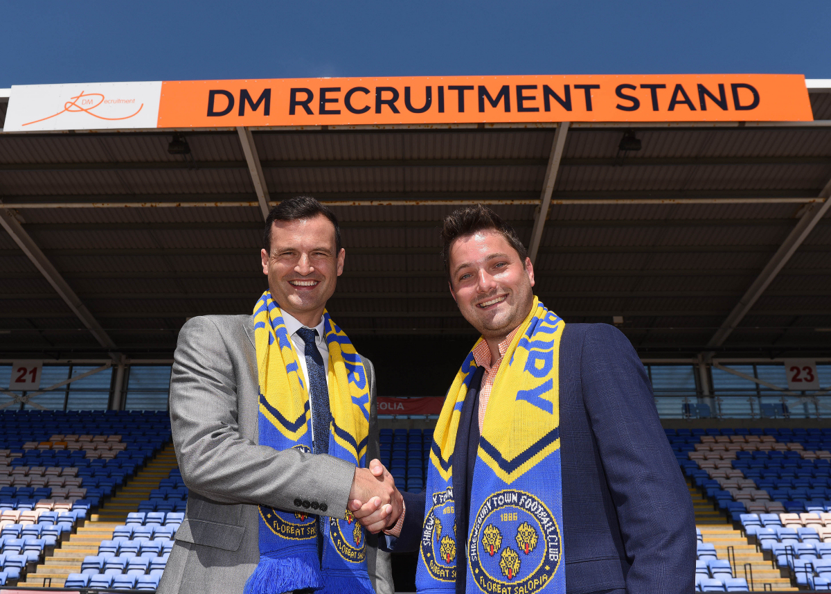 Shrewsbury Town’s commercial manager Andrew Tretton with Stuart Danks, managing director of DM Recruitment