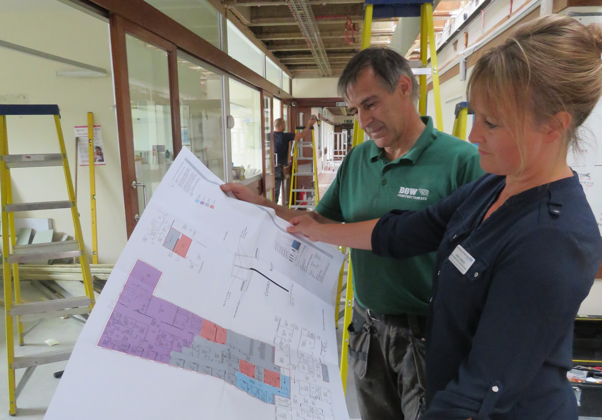 Sarah Jamieson, Head of Midwifery at SaTH, at Shrewsbury MLU looking at the plans with Mark Hassall, site manager from Bow Construction