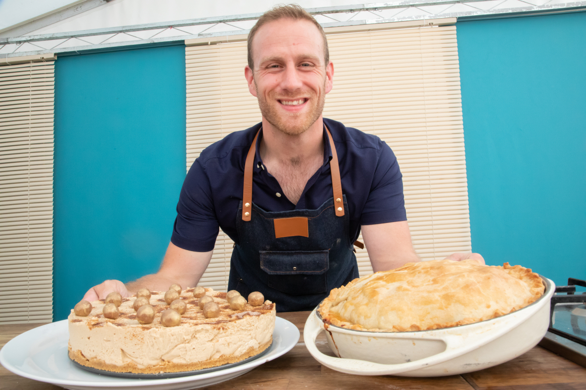 Great British Bake Off runner up Steven Carter-Bailey with his fudge-it pie and biscoff cheesecake