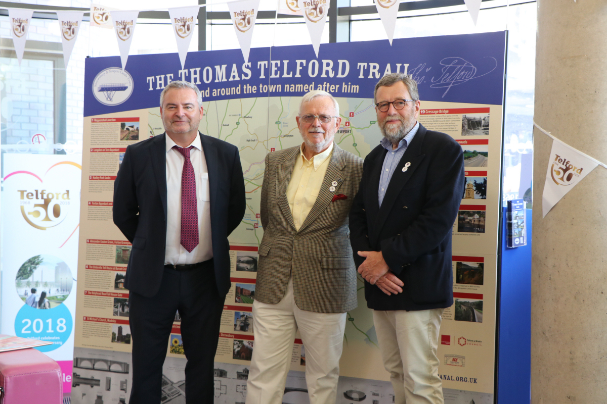 Richard Partington Managing Director, Telford & Wrekin Council (left), Bernie Jones, Chairman, Shrewsbury & Newport Canals Trust (centre) and John Freeman, Vice-Chairman Shrewsbury & Newport Canals Trust at the launch of the Thomas Telford Trail