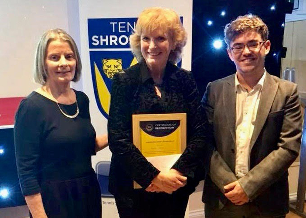 Fiona Jones, centre, from Market Drayton Tennis Club, pictured with Liz Boyle and Simon Haddleton, was named volunteer of the year when Tennis Shropshire held their British Tennis Awards presentation night last year