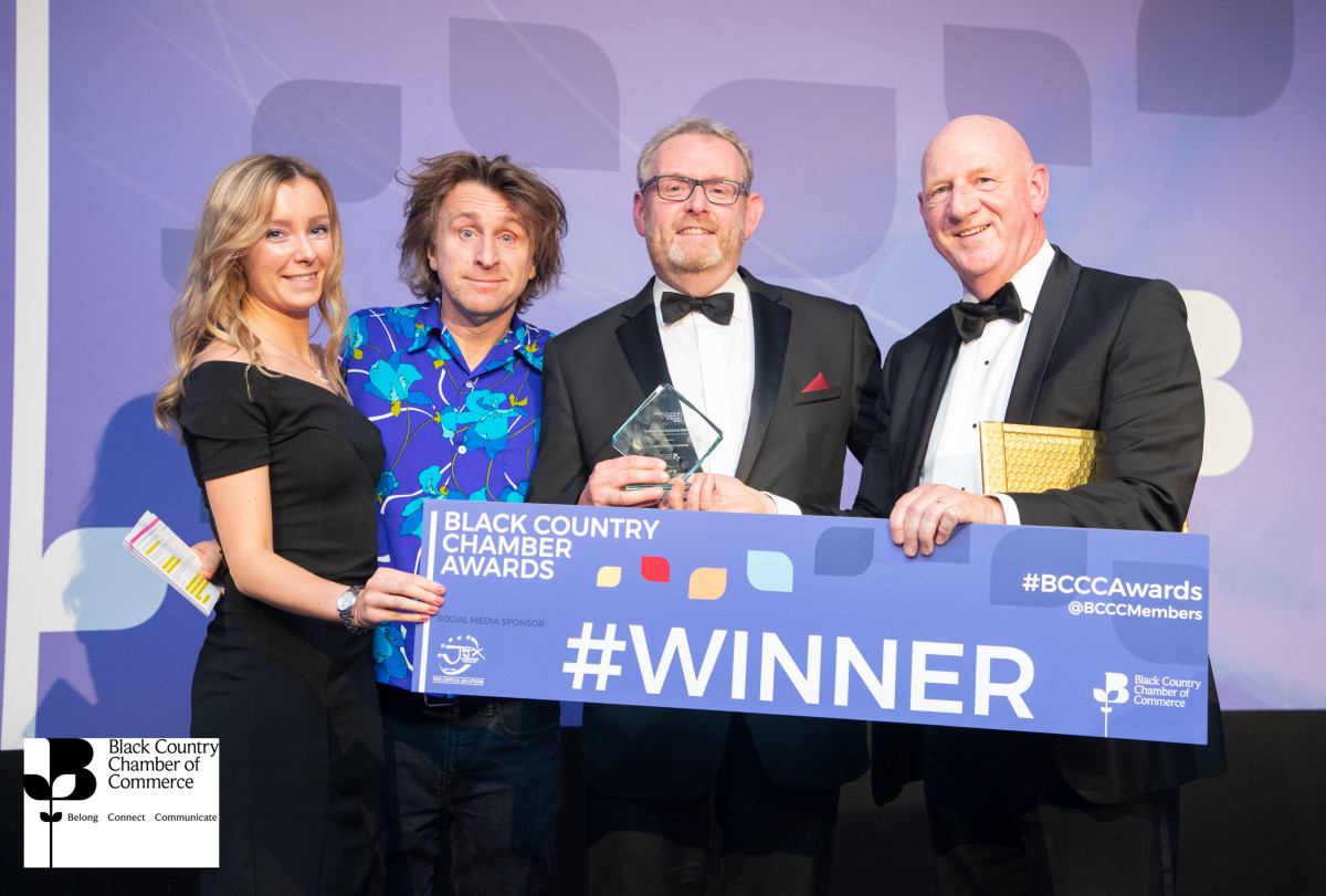 At the awards ceremony are pictured Charlotte Hill, comedian Milton Jones, Phil Winnington and David Roberts