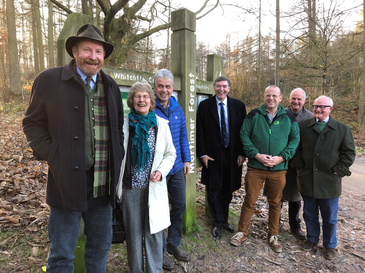 Sir Harry Studholme, Chairman of Forestry Commission, Lady Cossins, Chair of Shropshire Wildlife Trust, Colin  Preston, Director of SWT, Philip Dunne, MP for Ludlow, Kevin Stannard, Director, FC West of England Region, Colin Richards and James Hepworth, Friends of Mortimer Forest