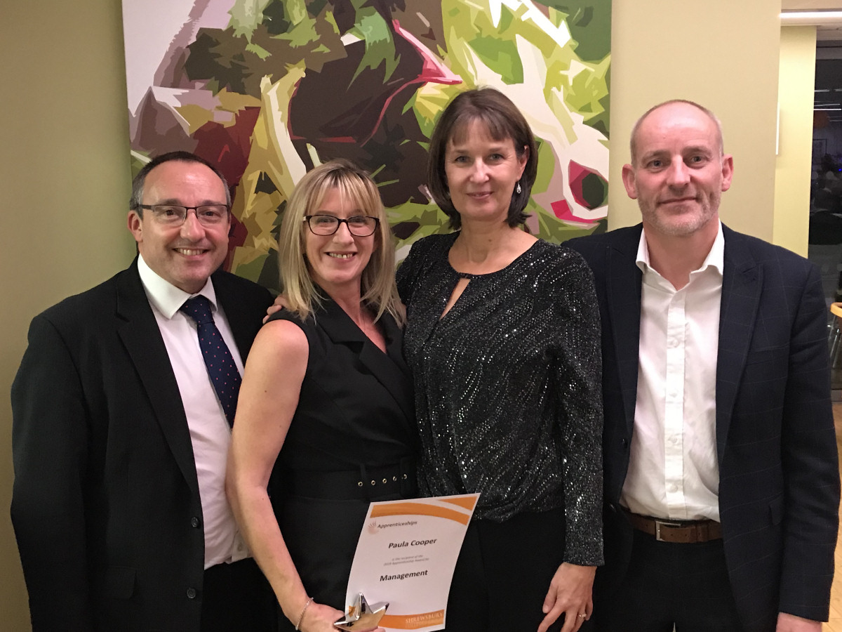 Left to right: Brian Evans, managing partner at Lanyon Bowdler, Paula Cooper winner of Award for Management, Lesley Adams – from the apprenticeship programme and Rowland Waddington, operations manager at Lanyon Bowdler