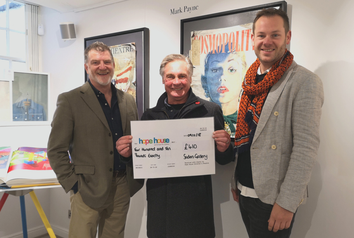 From left, artist Mark Payne, customer Gregg Scott with the cheque for Hope House and Jonathan Soden, proprietor of The Soden Collection gallery in Shrewsbury
