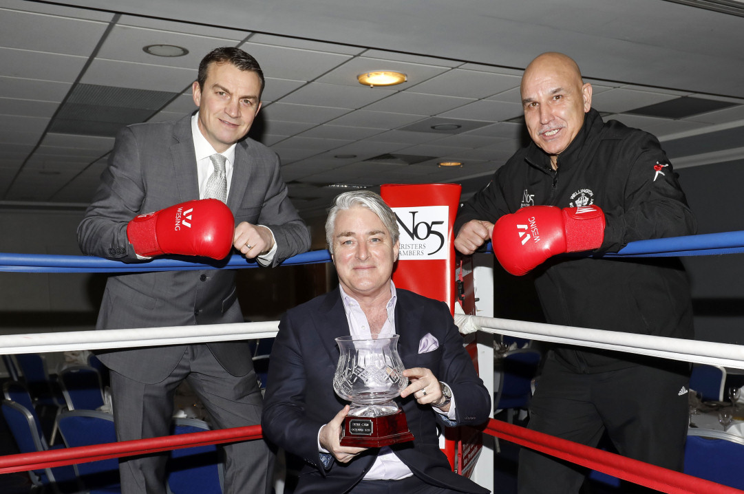 Pictured, from left, former WBC super-middleweight champion Richie Woodhall, Tony McDaid, CEO and Director of Clerking at No5 Barristers’ Chambers, holding the Len Woodhall Memorial Trophy and Wellington Boxing Academy head coach Mo Fiaz