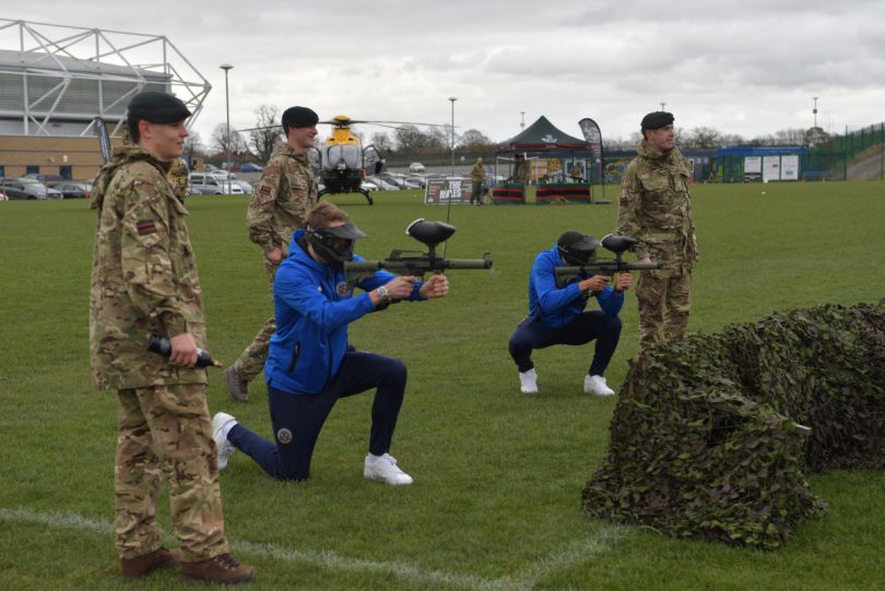 Image shows troops from 8th Battalion The Rifles, a Reserve infantry unit based in Shrewsbury, putting players through their paces with some basic fire and manoeuvre using paint-ball guns. Photo: Corporal Mark Larner RLC
