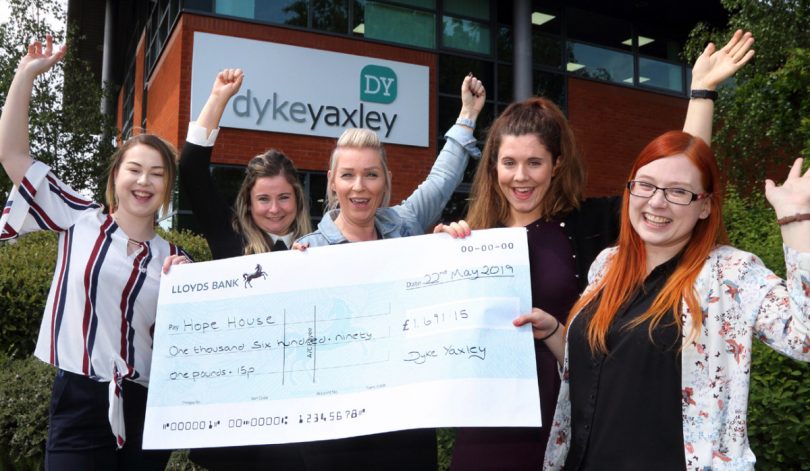 Hope House donation – from left, Natasha Eveson (Dyke Yaxley), Jenna Gorman (Dyke Yaxley), Lynsey Kilvert (Hope House), Lauren Gorman (Dyke Yaxley), and Rachel Lewis (Hope House)