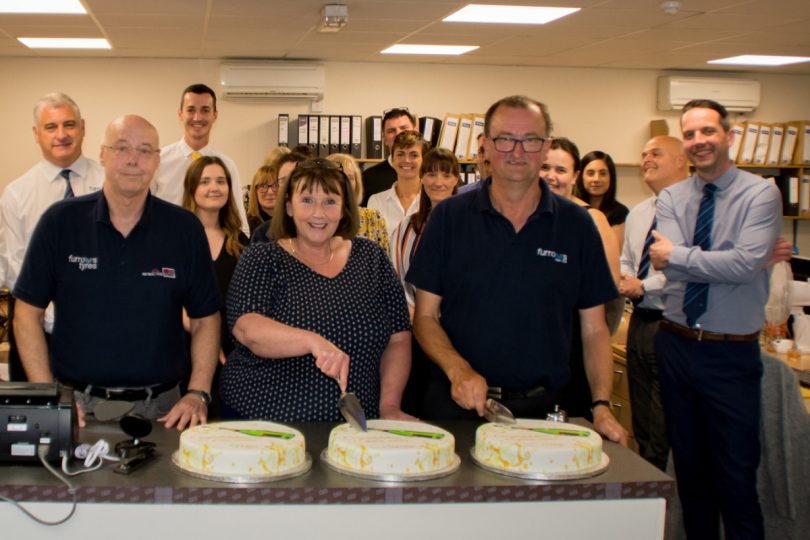 Mike Pollock, Shirley Morgan and Steve Foden celebrate 45 years’ service with 	the Furrows Group in Telford