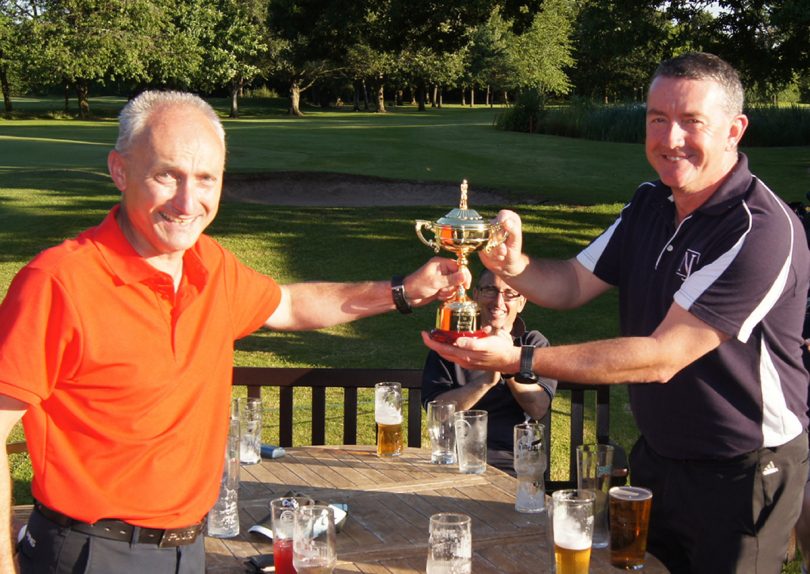 Martin Pitchford from Henshalls and Nick Jones from Nick Jones Wealth Planning with the inaugural golf challenge cup