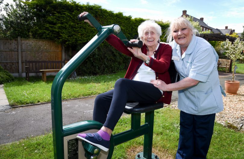Resident Eileen Evans and Kay Hassall with the new fitness equipment in the grounds of Briarfields