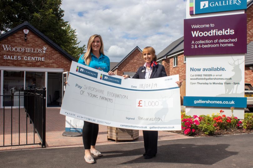 Pictured from left, Jessica Powell from the Shropshire Federation of Young Farmers’ Clubs receives a £1,000 sponsorship cheque from Janet Graves, Galliers’ sales advisor at their Woodfields development in Hinstock